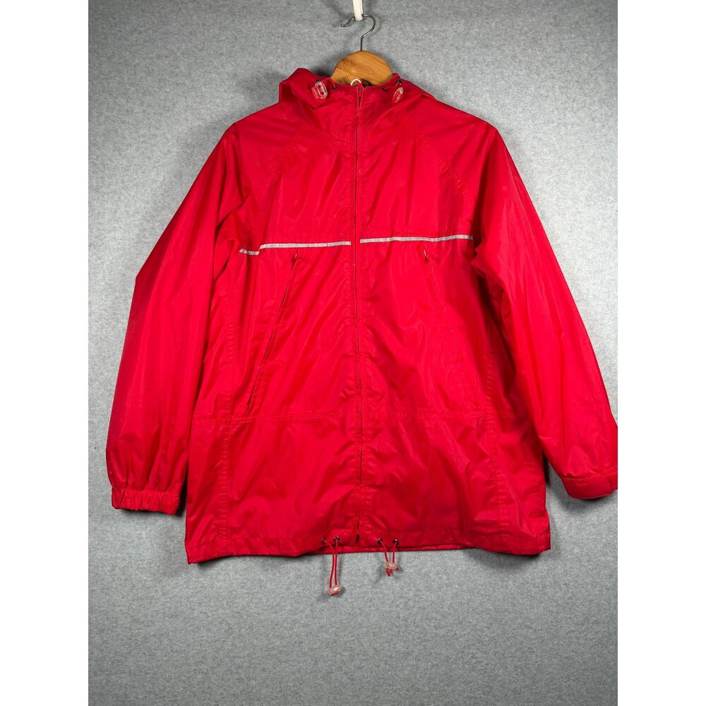 Cabela's For Women Medium Reg Red Nylon Hooded Rain Jacket Reflective Bin F
